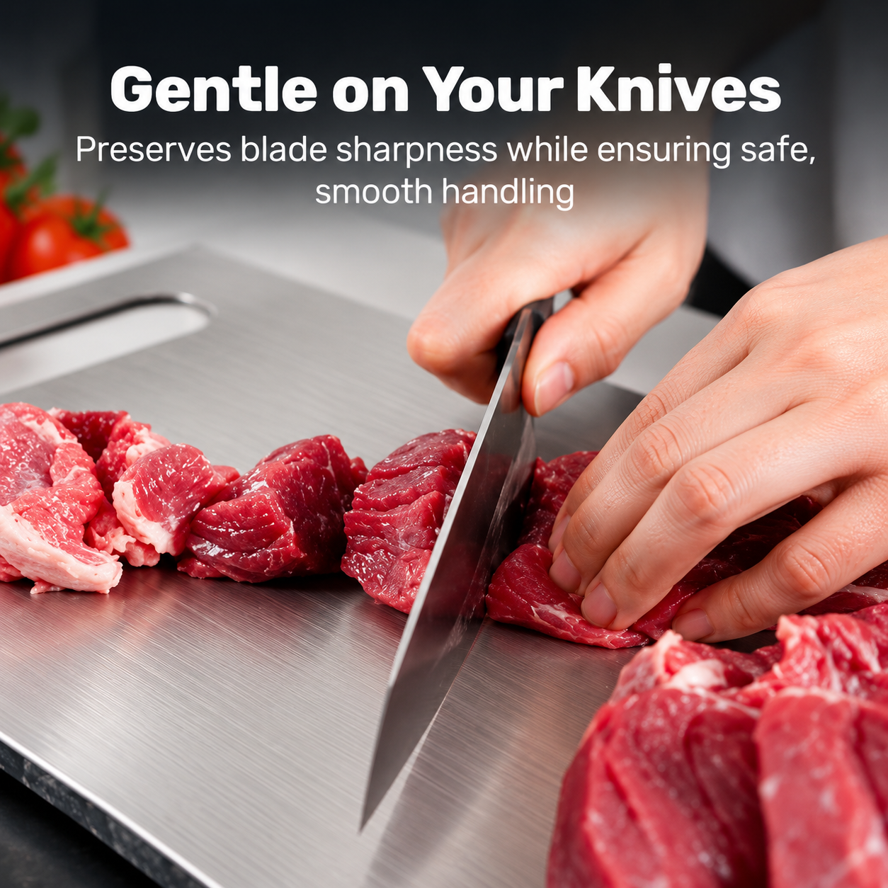Food preparation on a Katori titanium cutting board